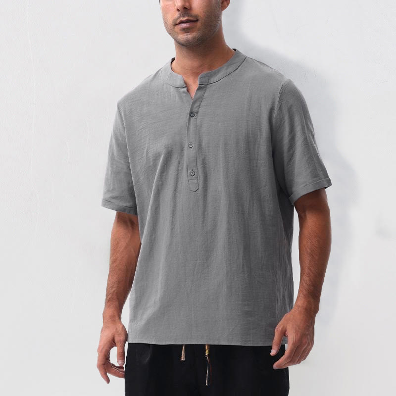 Buddha Stones Summer Casual Mandarin Collar Solid Half Buttons Cotton Linen Men's Short Sleeve Shirts - image 6