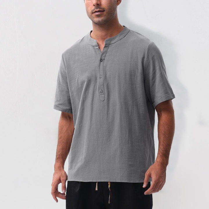 Buddha Stones Summer Casual Mandarin Collar Solid Half Buttons Cotton Linen Men's Short Sleeve Shirts - image 6