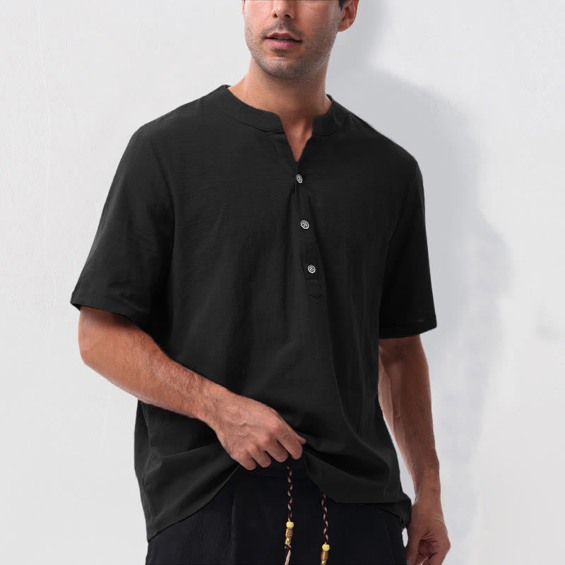 Buddha Stones Summer Casual Mandarin Collar Solid Half Buttons Cotton Linen Men's Short Sleeve Shirts - image 13