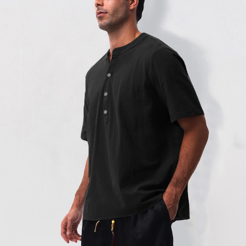 Buddha Stones Summer Casual Mandarin Collar Solid Half Buttons Cotton Linen Men's Short Sleeve Shirts - image 14