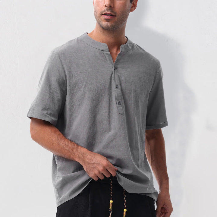 Buddha Stones Summer Casual Mandarin Collar Solid Half Buttons Cotton Linen Men's Short Sleeve Shirts - image 7