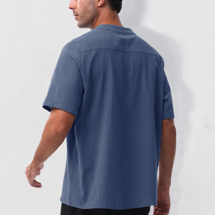 Buddha Stones Summer Casual Mandarin Collar Solid Half Buttons Cotton Linen Men's Short Sleeve Shirts - image 19