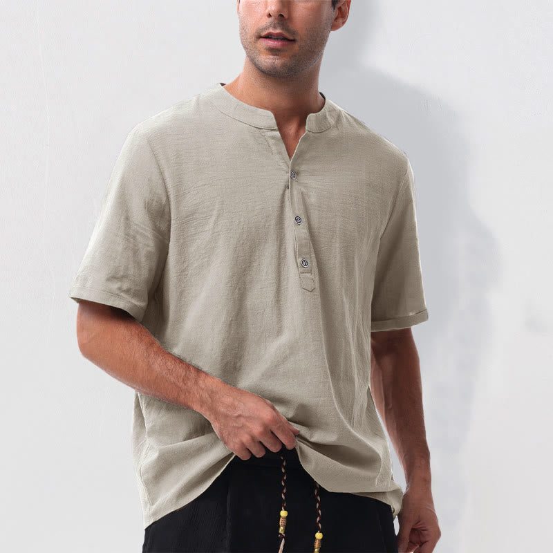 Buddha Stones Summer Casual Mandarin Collar Solid Half Buttons Cotton Linen Men's Short Sleeve Shirts - image 9