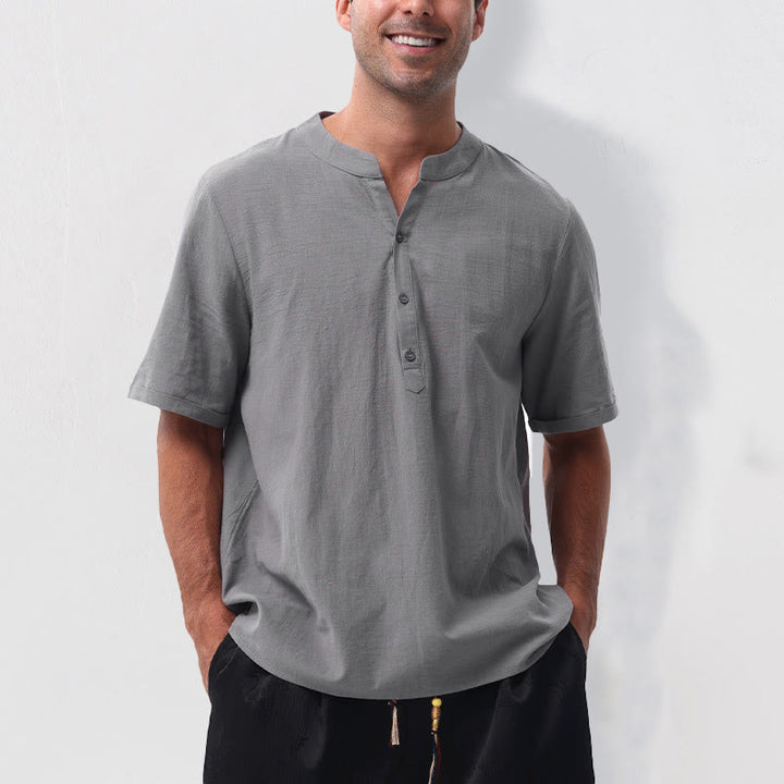 Buddha Stones Summer Casual Mandarin Collar Solid Half Buttons Cotton Linen Men's Short Sleeve Shirts - Gray - US/UK/AU50，EU60 (5XL) - image 0