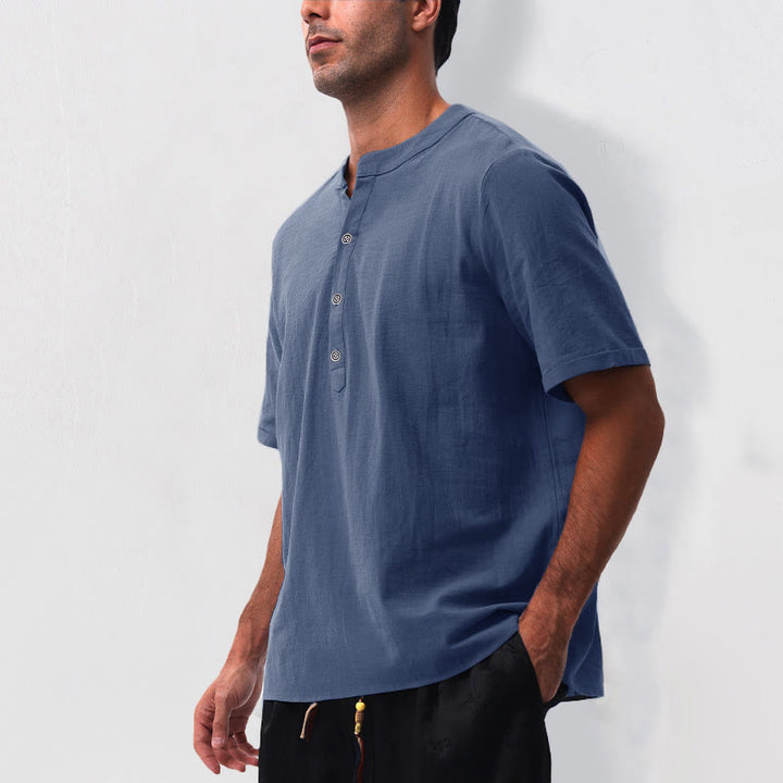Buddha Stones Summer Casual Mandarin Collar Solid Half Buttons Cotton Linen Men's Short Sleeve Shirts - image 18