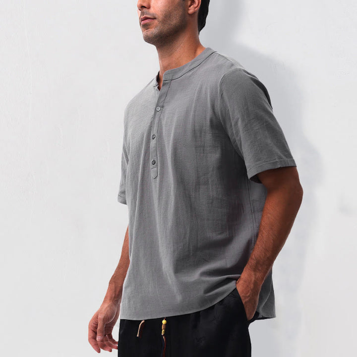 Buddha Stones Summer Casual Mandarin Collar Solid Half Buttons Cotton Linen Men's Short Sleeve Shirts - image 2