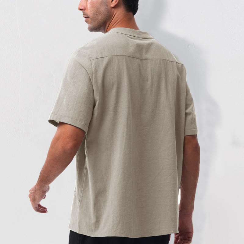 Buddha Stones Summer Casual Mandarin Collar Solid Half Buttons Cotton Linen Men's Short Sleeve Shirts - image 10