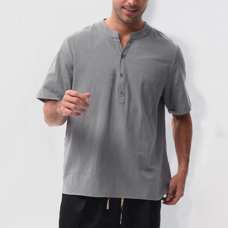 Buddha Stones Summer Casual Mandarin Collar Solid Half Buttons Cotton Linen Men's Short Sleeve Shirts - image 1