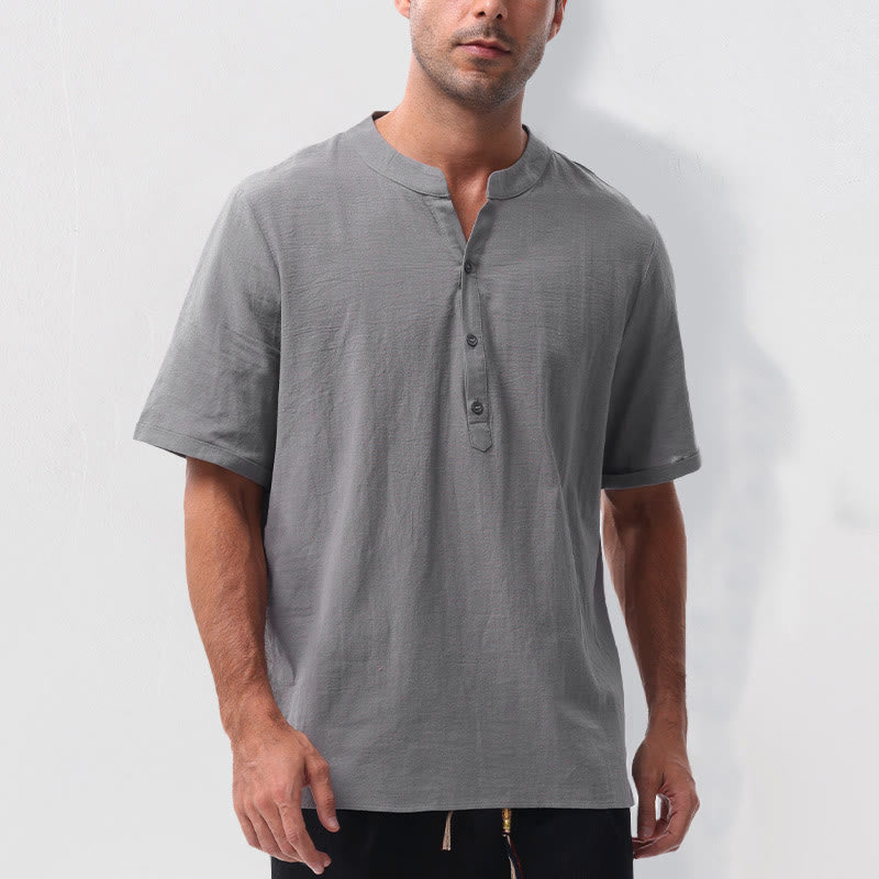 Buddha Stones Summer Casual Mandarin Collar Solid Half Buttons Cotton Linen Men's Short Sleeve Shirts - image 5