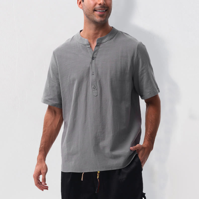 Buddha Stones Summer Casual Mandarin Collar Solid Half Buttons Cotton Linen Men's Short Sleeve Shirts - image 4