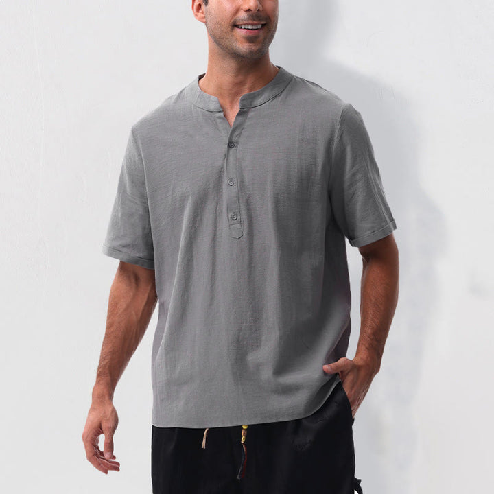 Buddha Stones Summer Casual Mandarin Collar Solid Half Buttons Cotton Linen Men's Short Sleeve Shirts - image 4