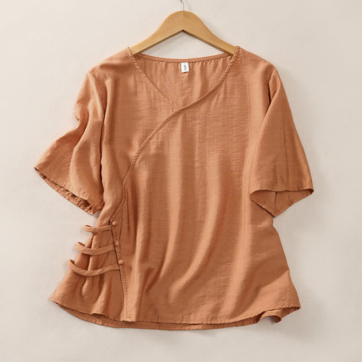 Buddha Stones Summer Casual Minimalist V-Neck Solid Decorative Button Women's Short Sleeve T-Shirts - Peru - US8-10, UK/AU12-14, EU40-42 (2XL) - image 0