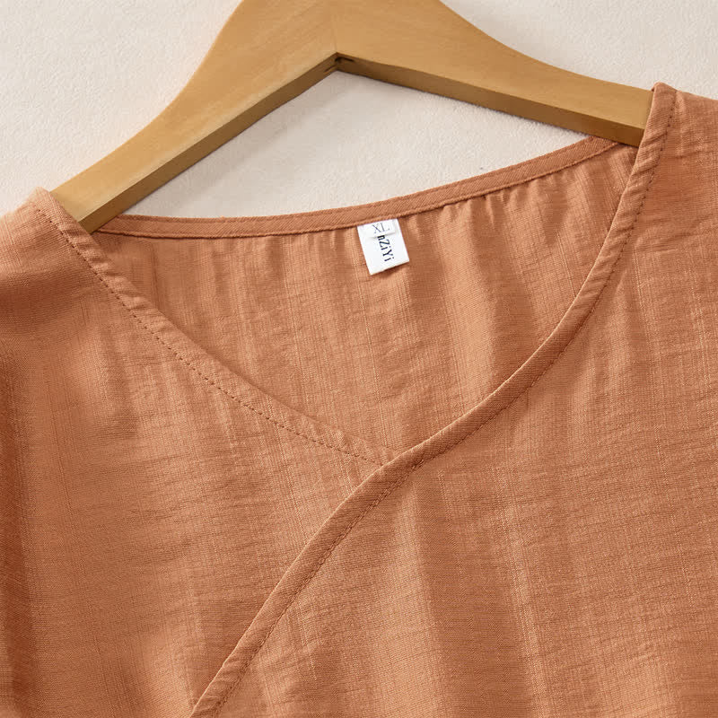 Buddha Stones Summer Casual Minimalist V-Neck Solid Decorative Button Women's Short Sleeve T-Shirts - image 2