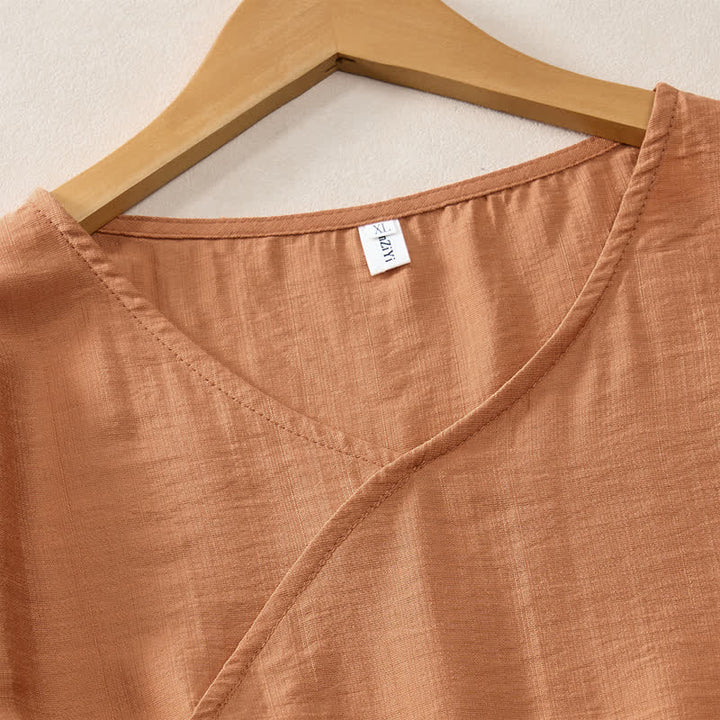Buddha Stones Summer Casual Minimalist V-Neck Solid Decorative Button Women's Short Sleeve T-Shirts - image 2