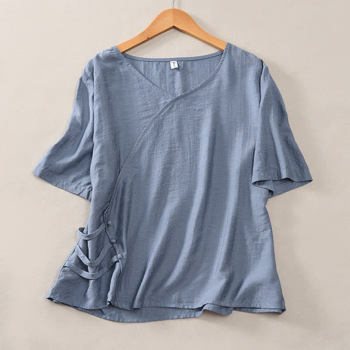 Buddha Stones Summer Casual Minimalist V-Neck Solid Decorative Button Women's Short Sleeve T-Shirts - LightSteelBlue - US8-10, UK/AU12-14, EU40-42 (2XL) - image 6