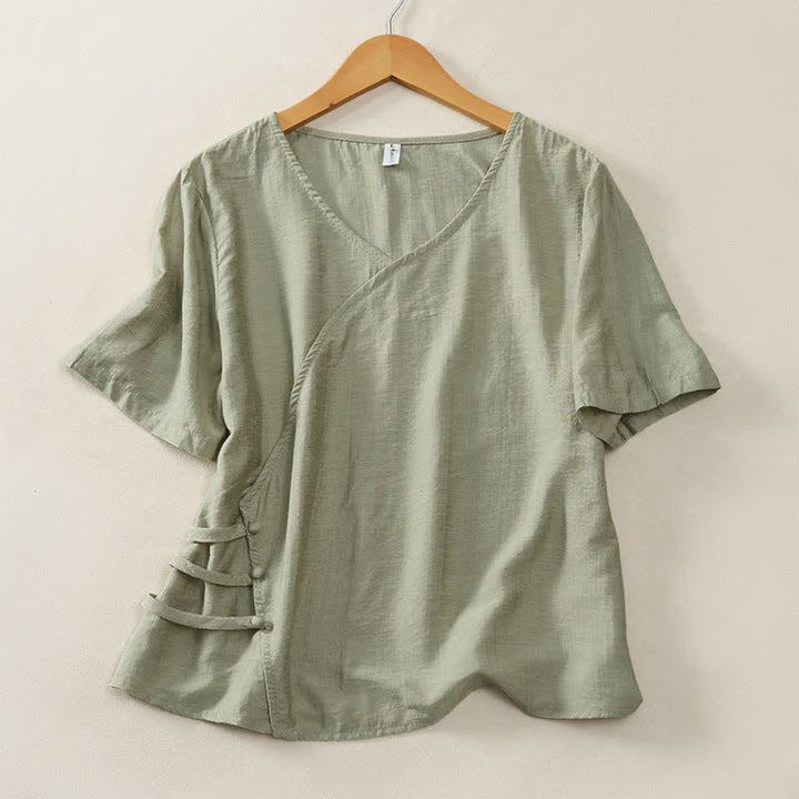 Buddha Stones Summer Casual Minimalist V-Neck Solid Decorative Button Women's Short Sleeve T-Shirts - DarkSeaGreen - US8-10, UK/AU12-14, EU40-42 (2XL) - image 12
