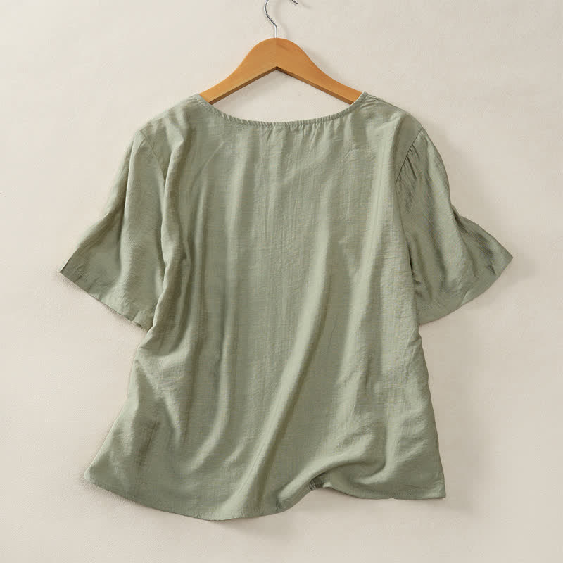 Buddha Stones Summer Casual Minimalist V-Neck Solid Decorative Button Women's Short Sleeve T-Shirts - image 13