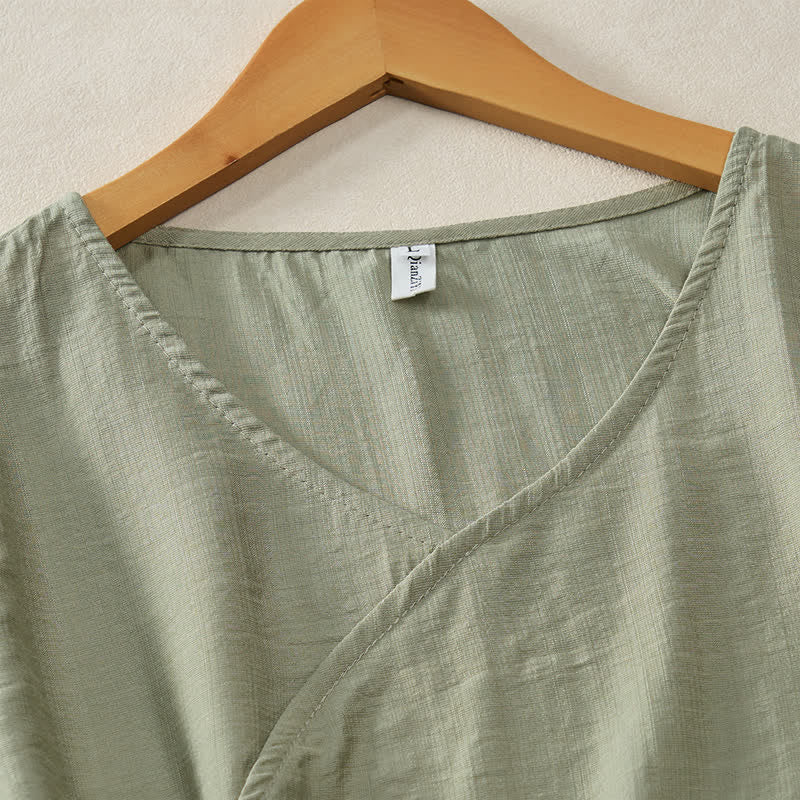 Buddha Stones Summer Casual Minimalist V-Neck Solid Decorative Button Women's Short Sleeve T-Shirts - image 14