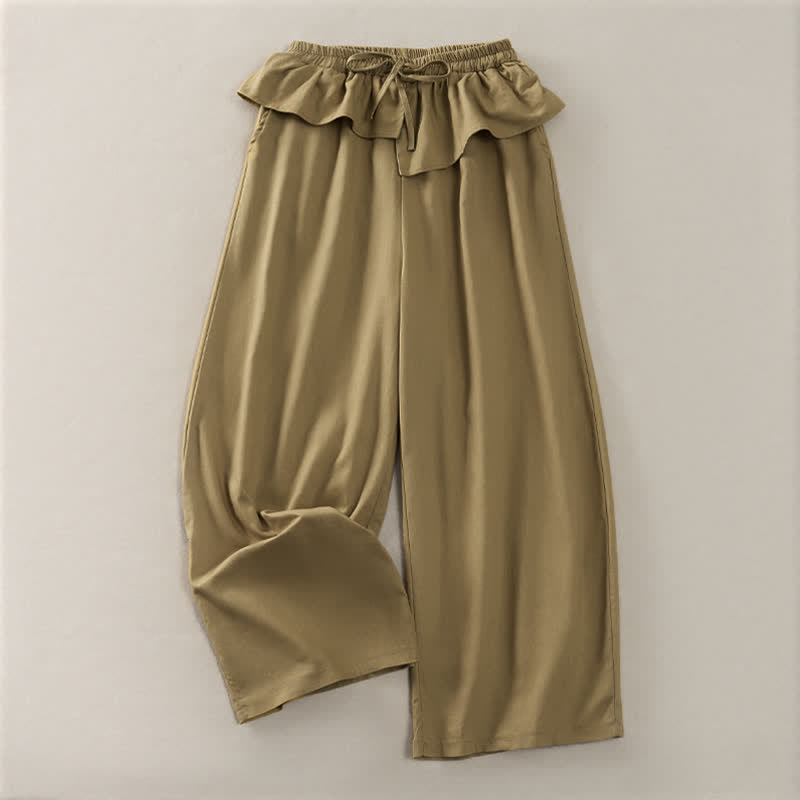 Buddha Stones Spring Summer Casual Drawstring Elastic Waist Ruffled Solid Cropped Pants Women's Straight Leg Pants With Pockets - DarkKhaki - US8-10, UK/AU12-14, EU40-42 (2XL) - image 0