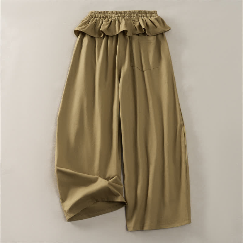 Buddha Stones Spring Summer Casual Drawstring Elastic Waist Ruffled Solid Cropped Pants Women's Straight Leg Pants With Pockets - image 1