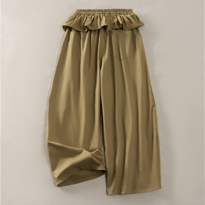Buddha Stones Spring Summer Casual Drawstring Elastic Waist Ruffled Solid Cropped Pants Women's Straight Leg Pants With Pockets - image 1