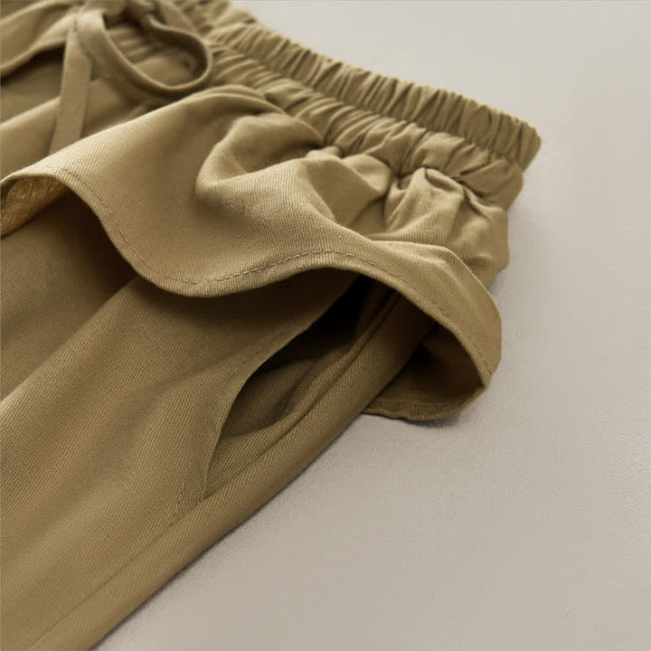 Buddha Stones Spring Summer Casual Drawstring Elastic Waist Ruffled Solid Cropped Pants Women's Straight Leg Pants With Pockets - image 4