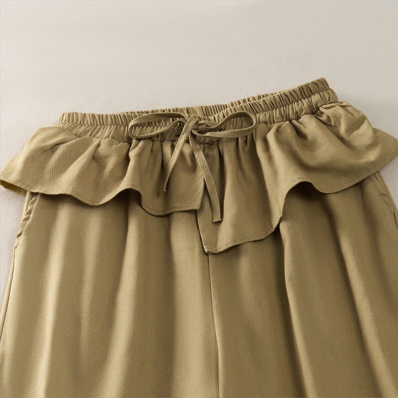 Buddha Stones Spring Summer Casual Drawstring Elastic Waist Ruffled Solid Cropped Pants Women's Straight Leg Pants With Pockets - image 2