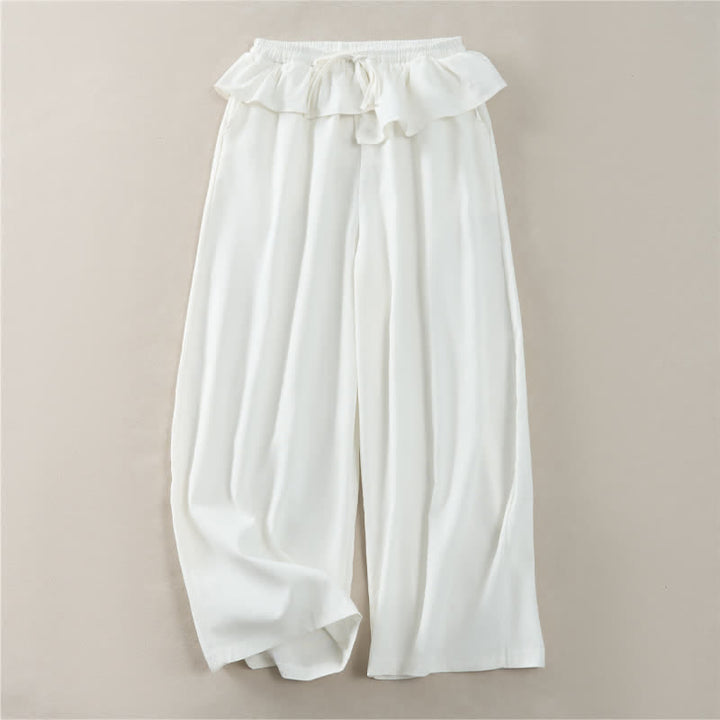 Buddha Stones Spring Summer Casual Drawstring Elastic Waist Ruffled Solid Cropped Pants Women's Straight Leg Pants With Pockets - White - US8-10, UK/AU12-14, EU40-42 (2XL) - image 10