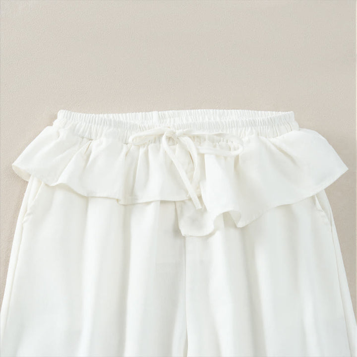 Buddha Stones Spring Summer Casual Drawstring Elastic Waist Ruffled Solid Cropped Pants Women's Straight Leg Pants With Pockets - image 12