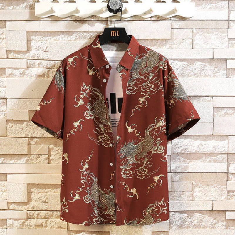 Buddha Stones Summer Dragon Pattern Buttons Up Men's Short Sleeve Shirts - FireBrick - US/UK/AU46，EU56 (5XL) - image 11