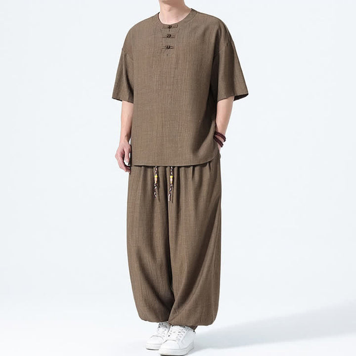 Buddha Stones 2Pcs Summer Tang Style Frog Button Solid Short Sleeve Shirt Harem Pants Men's Meditation Cloth With Pockets - image 2