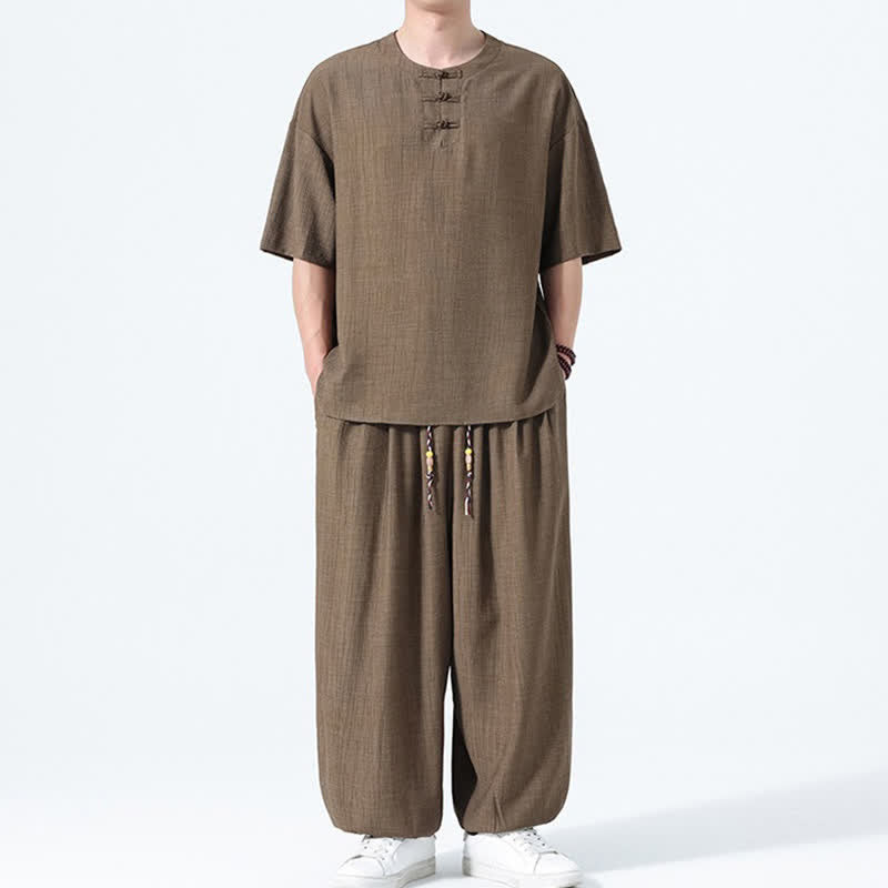 Buddha Stones 2Pcs Summer Tang Style Frog Button Solid Short Sleeve Shirt Harem Pants Men's Meditation Cloth With Pockets - image 1
