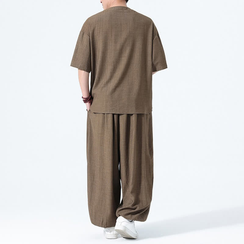 Buddha Stones 2Pcs Summer Tang Style Frog Button Solid Short Sleeve Shirt Harem Pants Men's Meditation Cloth With Pockets - image 3