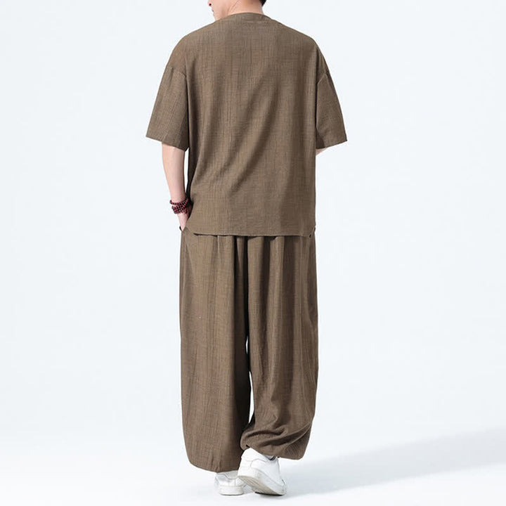 Buddha Stones 2Pcs Summer Tang Style Frog Button Solid Short Sleeve Shirt Harem Pants Men's Meditation Cloth With Pockets - image 3