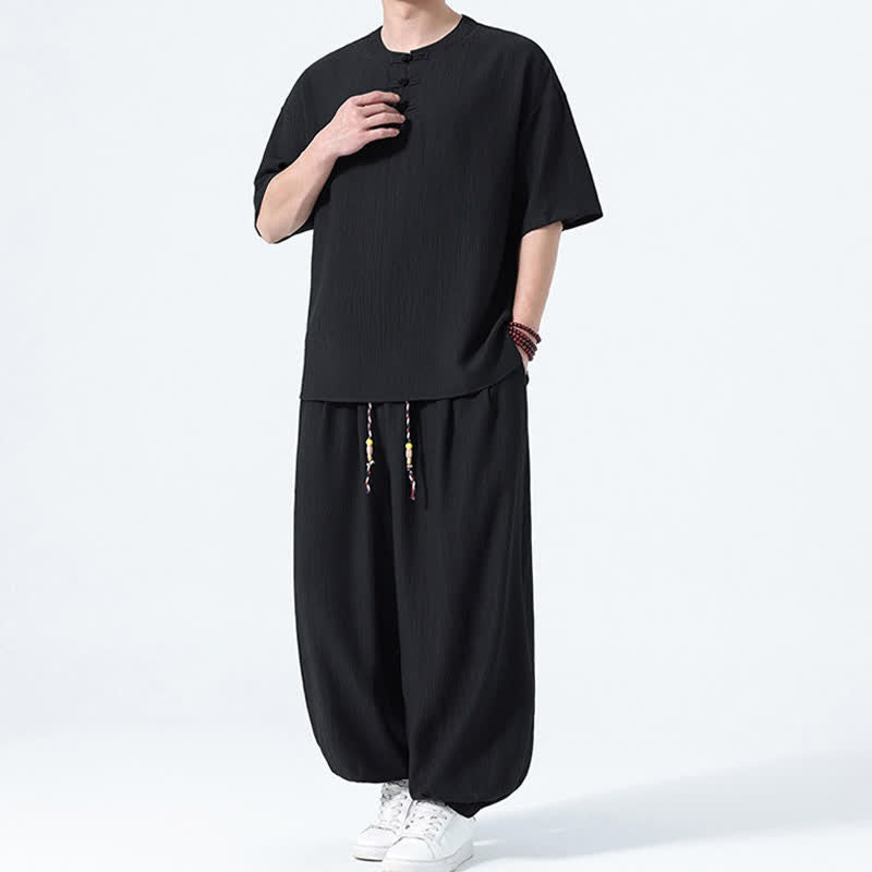 Buddha Stones 2Pcs Summer Tang Style Frog Button Solid Short Sleeve Shirt Harem Pants Men's Meditation Cloth With Pockets - image 11