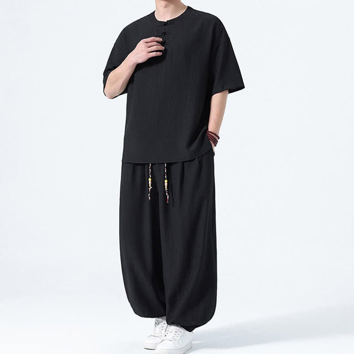 Buddha Stones 2Pcs Summer Tang Style Frog Button Solid Short Sleeve Shirt Harem Pants Men's Meditation Cloth With Pockets - image 11