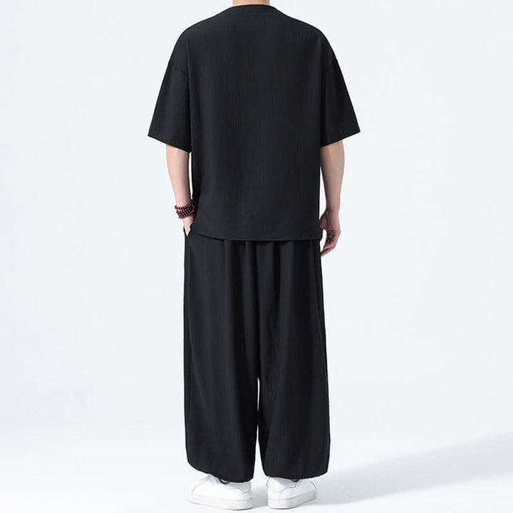 Buddha Stones 2Pcs Summer Tang Style Frog Button Solid Short Sleeve Shirt Harem Pants Men's Meditation Cloth With Pockets - image 9