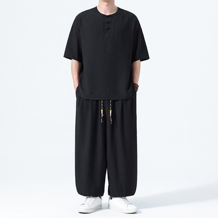 Buddha Stones 2Pcs Summer Tang Style Frog Button Solid Short Sleeve Shirt Harem Pants Men's Meditation Cloth With Pockets - image 7