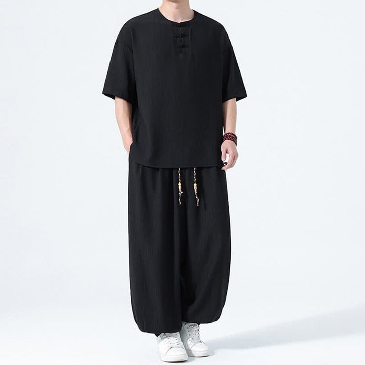 Buddha Stones 2Pcs Summer Tang Style Frog Button Solid Short Sleeve Shirt Harem Pants Men's Meditation Cloth With Pockets - image 12
