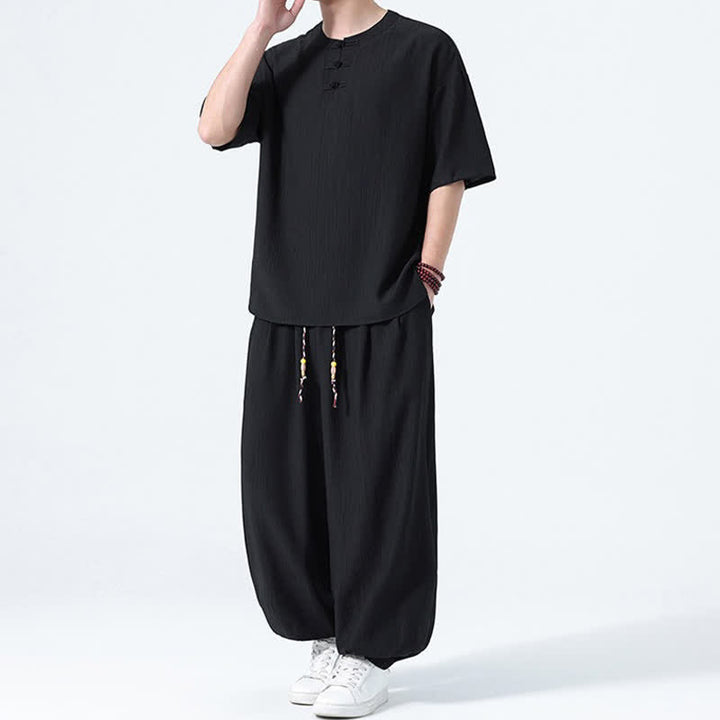 Buddha Stones 2Pcs Summer Tang Style Frog Button Solid Short Sleeve Shirt Harem Pants Men's Meditation Cloth With Pockets - image 8