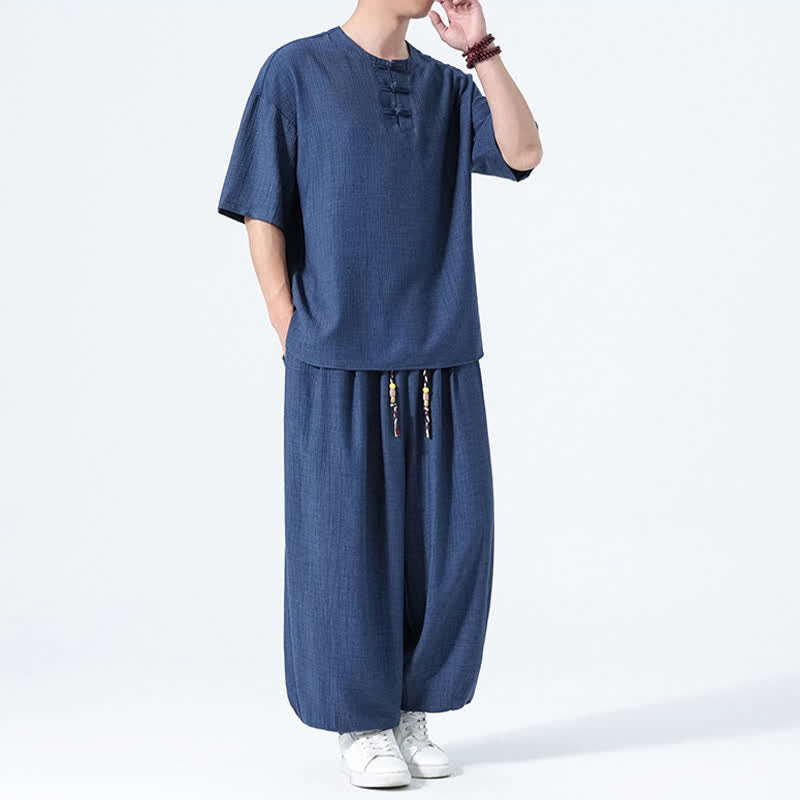 Buddha Stones 2Pcs Summer Tang Style Frog Button Solid Short Sleeve Shirt Harem Pants Men's Meditation Cloth With Pockets - image 19