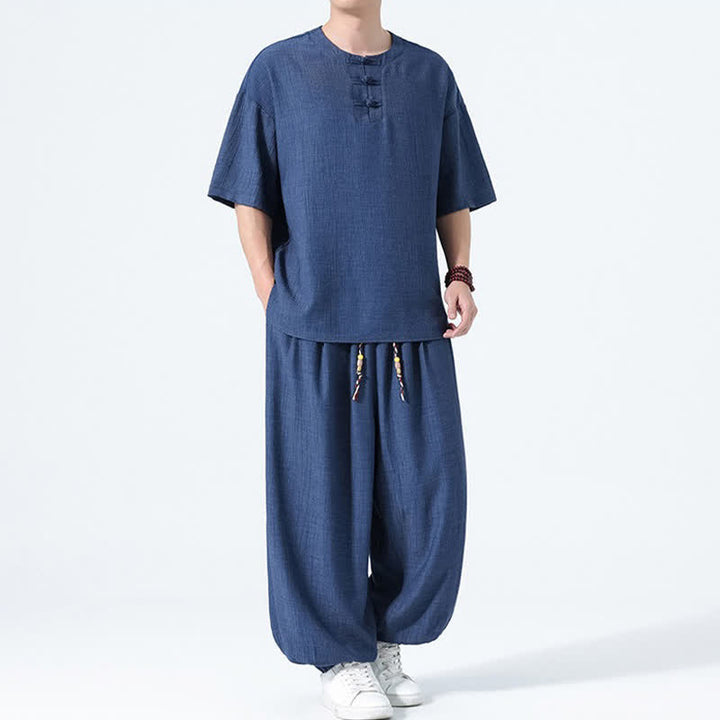 Buddha Stones 2Pcs Summer Tang Style Frog Button Solid Short Sleeve Shirt Harem Pants Men's Meditation Cloth With Pockets - image 14