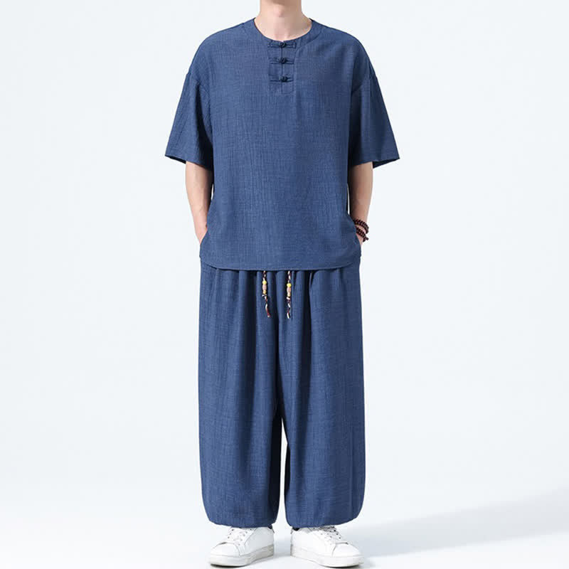 Buddha Stones 2Pcs Summer Tang Style Frog Button Solid Short Sleeve Shirt Harem Pants Men's Meditation Cloth With Pockets - image 17