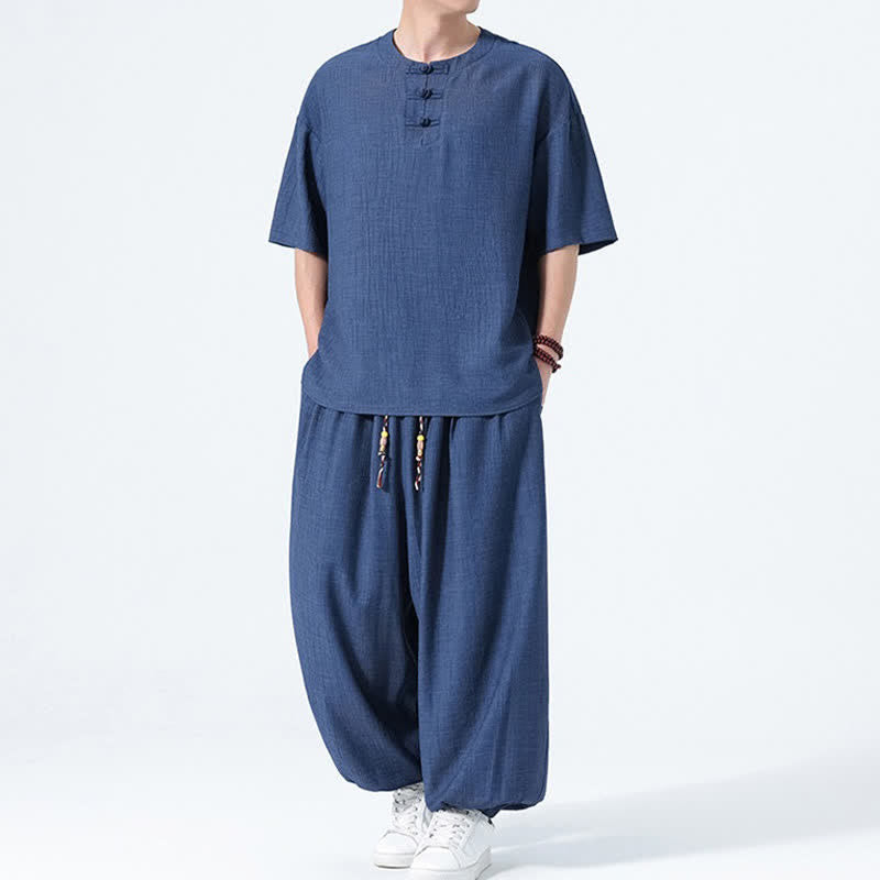 Buddha Stones 2Pcs Summer Tang Style Frog Button Solid Short Sleeve Shirt Harem Pants Men's Meditation Cloth With Pockets - image 18