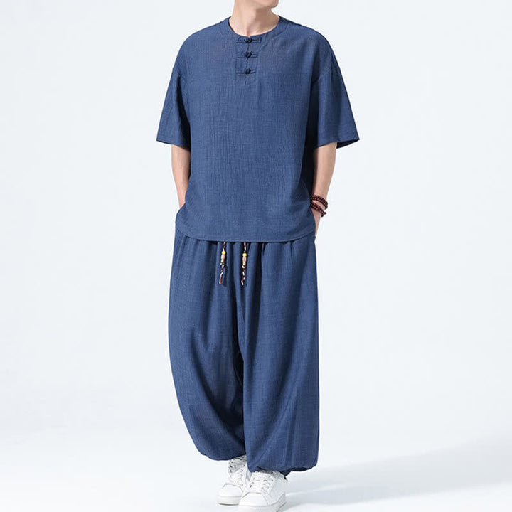 Buddha Stones 2Pcs Summer Tang Style Frog Button Solid Short Sleeve Shirt Harem Pants Men's Meditation Cloth With Pockets - image 18