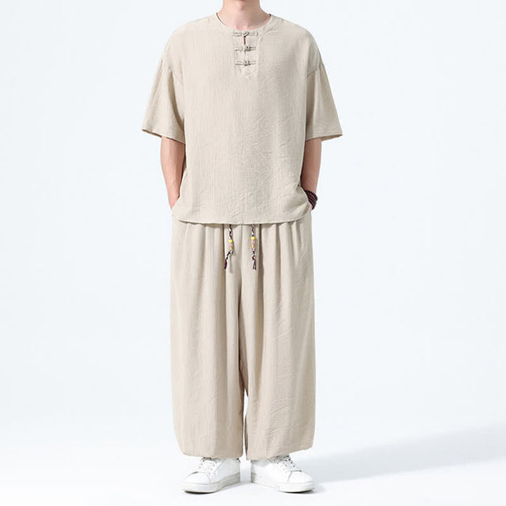 Buddha Stones 2Pcs Summer Tang Style Frog Button Solid Short Sleeve Shirt Harem Pants Men's Meditation Cloth With Pockets - image 25
