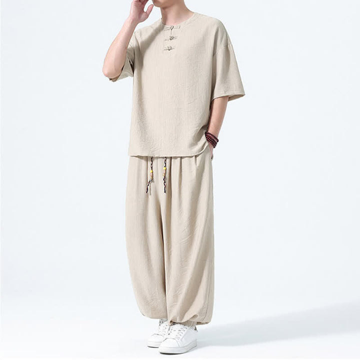Buddha Stones 2Pcs Summer Tang Style Frog Button Solid Short Sleeve Shirt Harem Pants Men's Meditation Cloth With Pockets - image 22