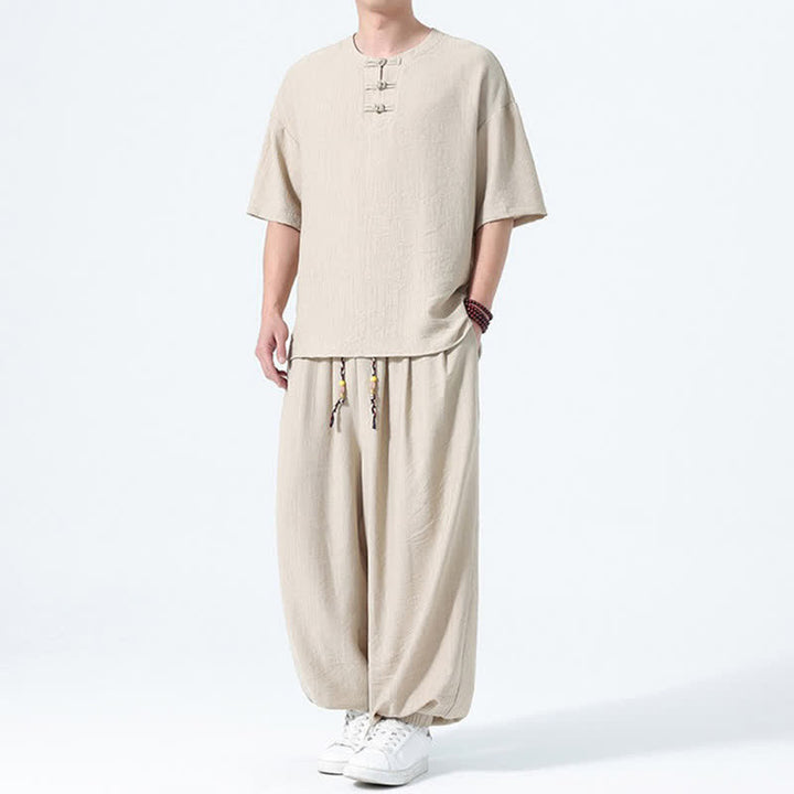 Buddha Stones 2Pcs Summer Tang Style Frog Button Solid Short Sleeve Shirt Harem Pants Men's Meditation Cloth With Pockets - image 24