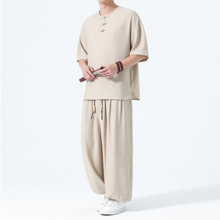 Buddha Stones 2Pcs Summer Tang Style Frog Button Solid Short Sleeve Shirt Harem Pants Men's Meditation Cloth With Pockets - Wheat - US/UK/AU46，EU56 (5XL) - image 20
