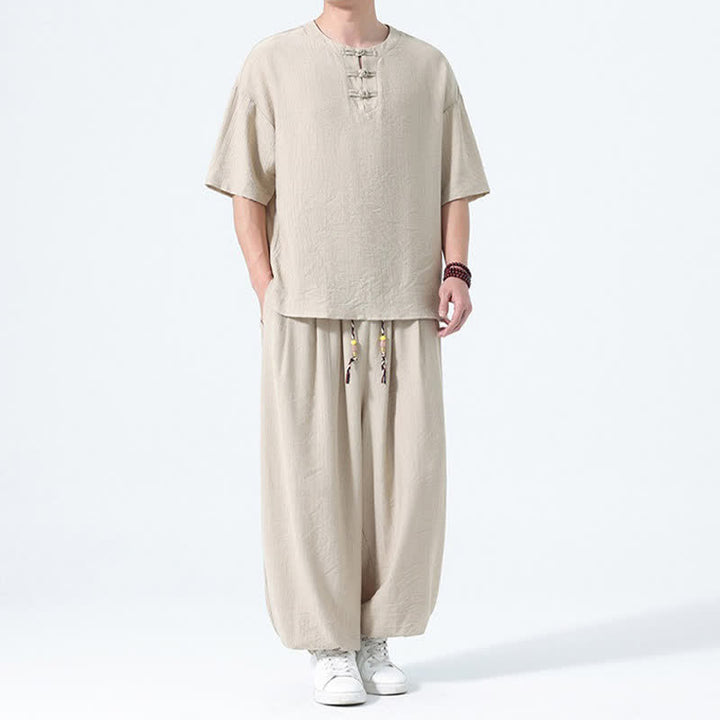 Buddha Stones 2Pcs Summer Tang Style Frog Button Solid Short Sleeve Shirt Harem Pants Men's Meditation Cloth With Pockets - image 21